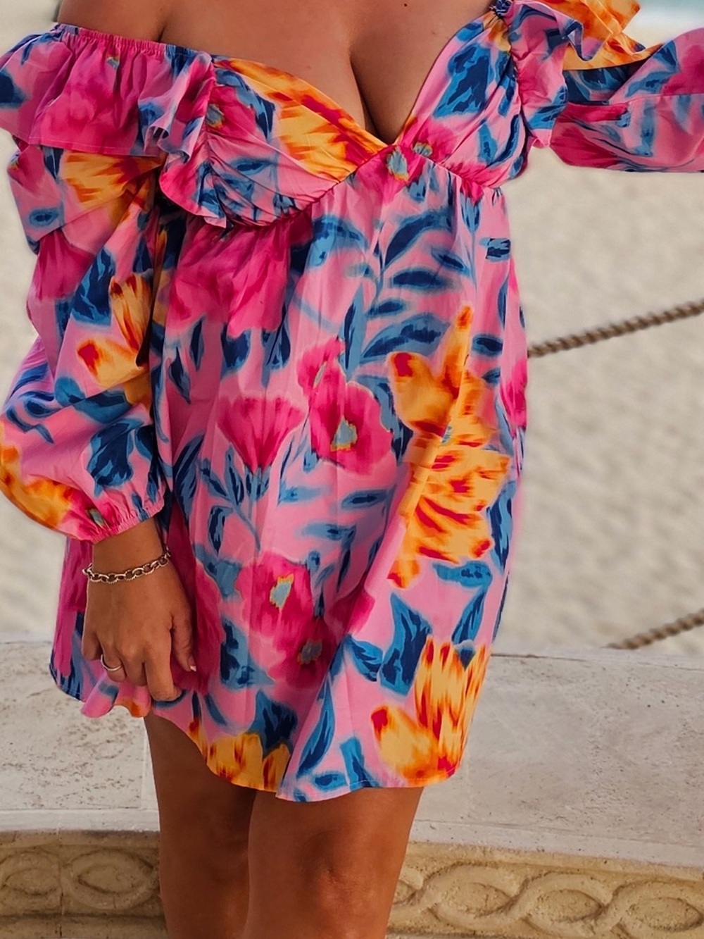 Off-Shoulder Pink Floral Mini Dress